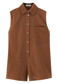 Chemise marron sans manches avec col, boutons sur le devant et une poche poitrine unique. Tissu texturé avec un motif subtil.