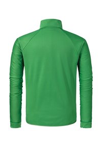 Grünes Langarmhemd mit hohem Kragen, das über ein strukturiertes Design und Raglanärmel verfügt, aus leichtem, atmungsaktivem Material gefertigt.