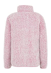 Pull en polaire rose clair, présentant une surface texturée et duveteuse, un col montant, et des poignets élastiqués avec des coutures plates le long de l'ourlet.