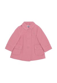 Abrigo de lana rosa con cuello redondeado, dos bolsillos frontales y cierre de botones. Presenta una textura suave y un corte entallado.