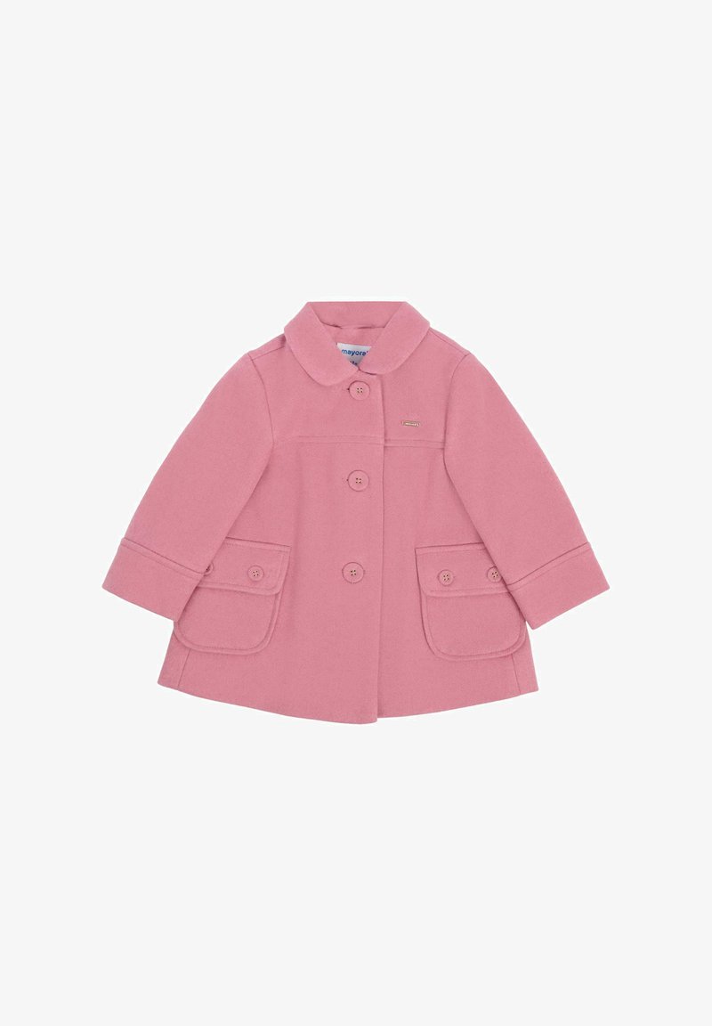 Abrigo de lana rosa con cuello redondeado, dos bolsillos frontales y cierre de botones. Presenta una textura suave y un corte entallado.