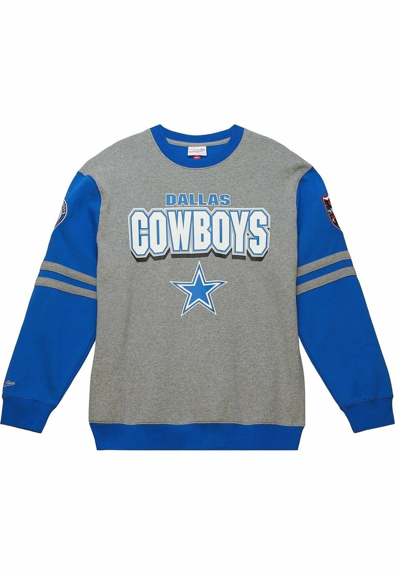 Sweat-shirt gris et bleu des Dallas Cowboys avec logo étoile bleu et nom de l'équipe à l'avant, avec des manches rayées et des écussons d'équipe sur les bras supérieurs.
