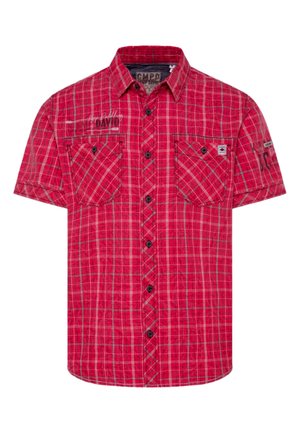 Kortærmet rødternet skjorte med to forlommer, sorte knapper og krave med knap. Lavet af vævet stof med en struktureret overflade.