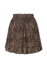 Luipaardprint rok met een elastische tailleband, gelaagd ontwerp en een vloeiende textuur; tinten van beige en bruin.
