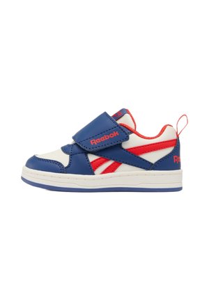 Kinder-Reebok-Sneaker in Blau, Weiß und Rot mit Klettverschluss und Zuglasche an der Ferse, seitlich abgebildet auf weißem Hintergrund.