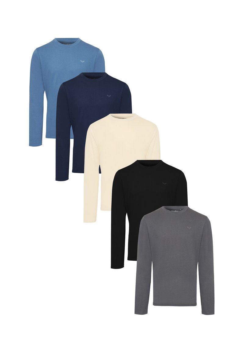 Fünf langärmlige Hemden in Blau, Marineblau, Creme, Schwarz und Grau; runder Ausschnitt; weicher Stoff; minimale Markenkennzeichnung auf der Brust.