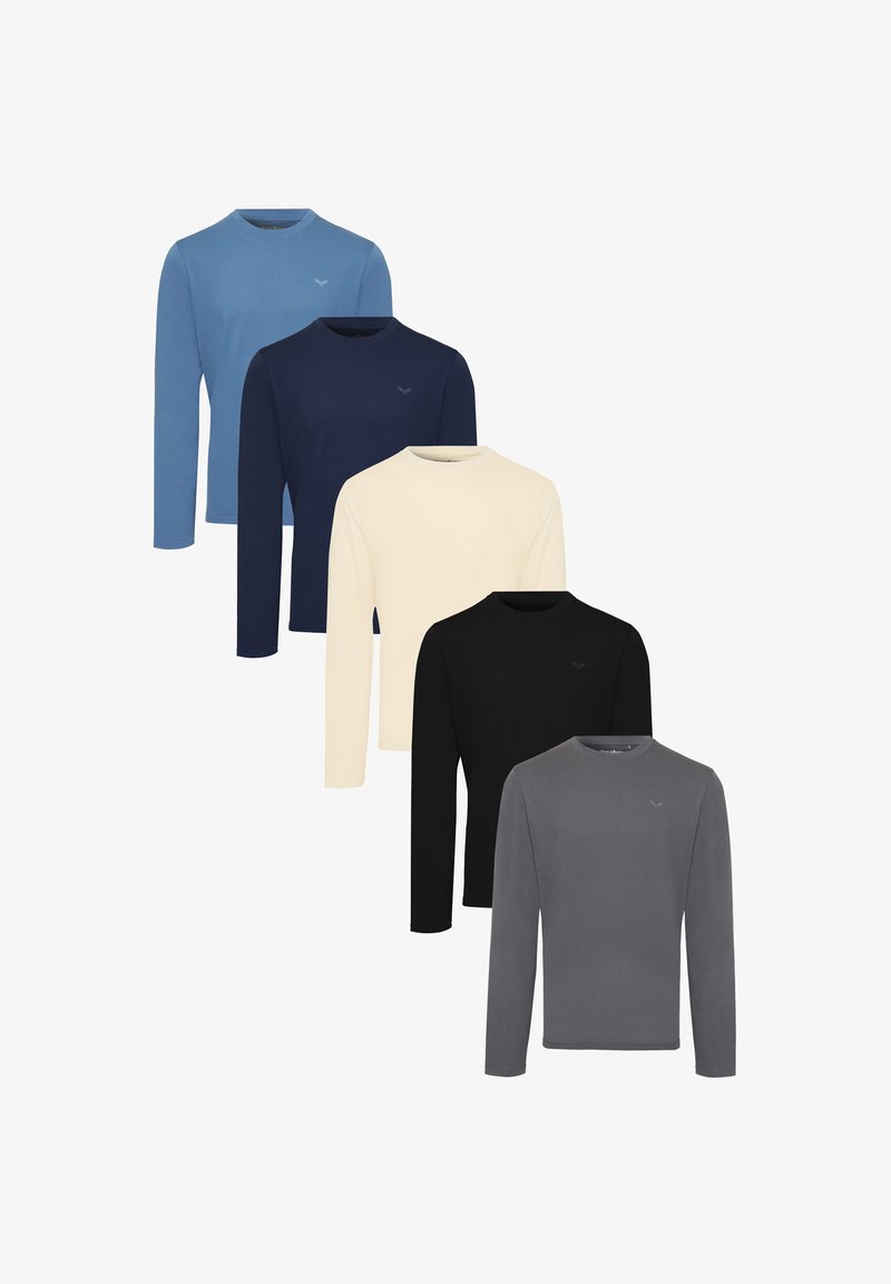 Cinq chemises à manches longues en bleu, marine, crème, noir et gris ; col circulaire ; tissu doux ; minimalisme de la marque sur la poitrine.