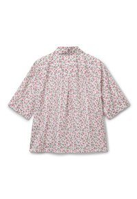 Camicetta bianca a maniche corte con motivo floreale rosa e marrone, colletto aperto, vista da dietro su uno sfondo bianco.