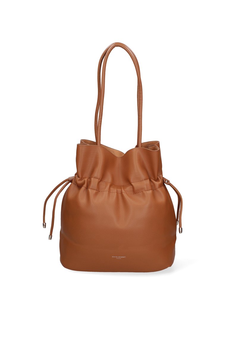 Borsa tote in pelle marrone con apertura arricciata, due manici sottili e una texture liscia. Presenta un logo discreto alla base.