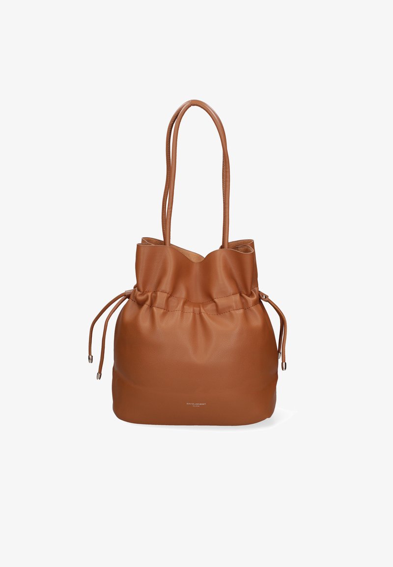 Borsa tote in pelle marrone con apertura arricciata, due manici sottili e una texture liscia. Presenta un logo discreto alla base.