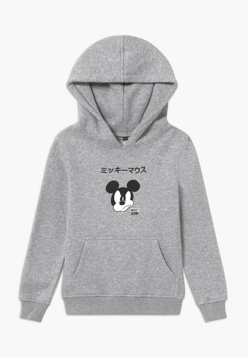 Sweat à capuche gris avec une poche avant, un grand graphique de Mickey Mouse et du texte en japonais au-dessus du dessin. Le tissu semble doux et texturé.