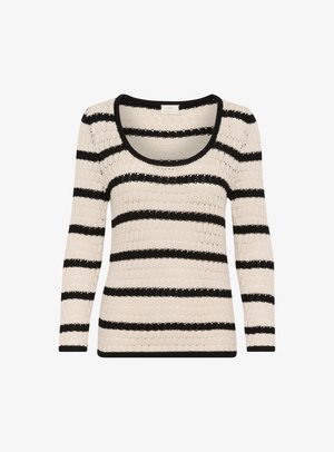 Dámsky pletený sveter s výstrihom v tvare lode a dlhými rukávmi. Má béžové telo s výraznými čiernymi horizontálnymi pruhmi a textúrovaným vzorom.
