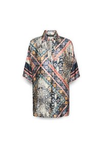 Kurzarmhemd mit einem bunten Paisley- und geometrischen Muster in Beige, Blau und Pink, mit einem Knopfverschluss am Kragen und aus weichem Stoff.