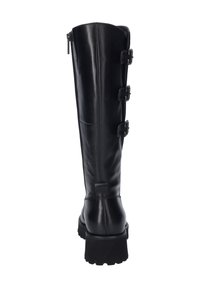 Bota de cuero negro hasta la rodilla con tres detalles de hebilla y suela de goma resistente. Cuenta con una cremallera en la parte posterior para facilitar su uso.