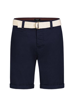 Navy blue men's shorts with rolled cuffs and a white woven belt with a metal ring buckle.