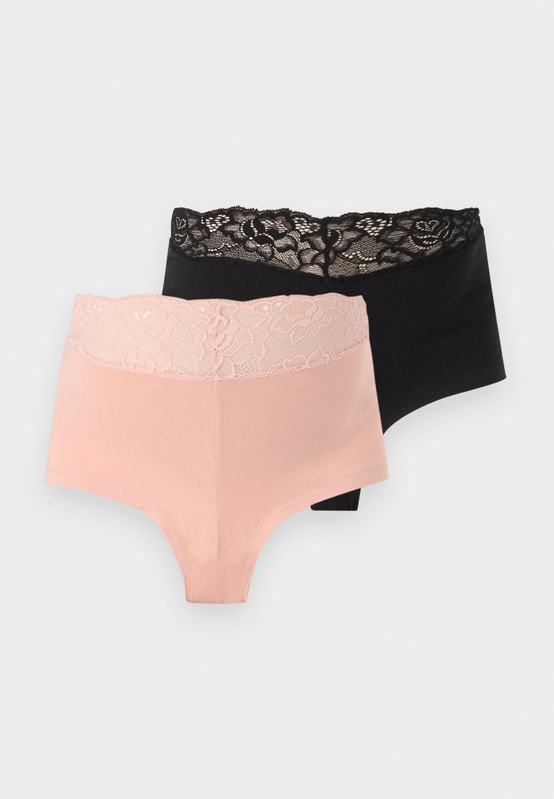 Two pairs of women's hipster panties, one light pink with a lace waistband and one black with a lace waistband, both featuring seamless design.