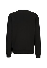 Zwarte sweatshirt, lange mouwen, ronde hals, gemaakt van een katoenmix. Effen kleur met ribgebreide boorden en zoom. Geen zichtbare patronen of logo's.