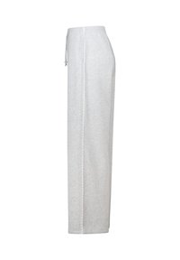 Pantalons de survêtement gris clair avec une taille à cordon, jambes droites longues et un détail en couture texturée sur le côté. Matériau en coton doux.