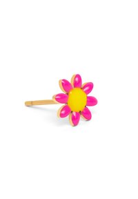 Horquilla floral con un centro amarillo, ocho pétalos rosas y un tallo de metal en tono dorado. Acabado suave con una textura brillante.