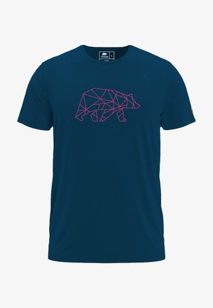 T-shirt blu navy con design geometrico di un orso in rosa. Maniche corte, colletto rotondo, realizzata in tessuto morbido con una texture liscia.