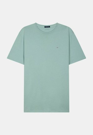 T-shirt vert clair uni à col rond avec manches courtes et petit logo brodé sur le côté gauche de la poitrine.