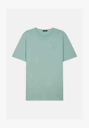 T-shirt vert clair uni à col rond avec manches courtes et petit logo brodé sur le côté gauche de la poitrine.