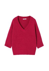 V-nyakú, oversized pulóver élénk rózsaszín kötött anyagból, bordázott mandzsettákkal és szegéllyel, puha tapintású és laza szabású.