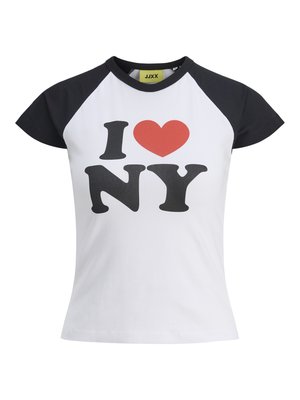 Bela majica s črnimi raglan rokavi, na sprednji strani veliko rdeče srce in napis "I NY" v črni barvi. Iz mehke bombažne tkanine.