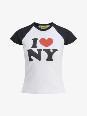 Bela majica s črnimi raglan rokavi, na sprednji strani veliko rdeče srce in napis "I NY" v črni barvi. Iz mehke bombažne tkanine.