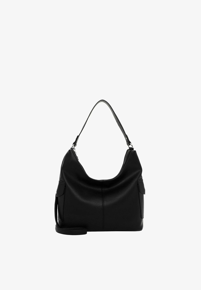 Sac d'épaule en cuir noir avec dessus arrondi, poches latérales avant et sangle réglable, présenté sur un fond blanc.