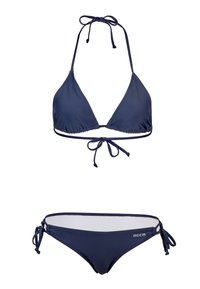 Ensemble de bikini bleu marine avec un haut triangulaire et des liaisons réglables. Tissu lisse avec un design minimaliste et un logo sur le côté du bas.