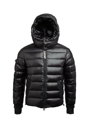 Čierna lesklá prešívaná bunda s kapucňou, predným zipsom, bočnými zipsovými vreckami a logom "JACKIT" na ťaháku zipsu a vnútornej strane kapucne.