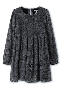 Schwarz-weißes Kleid mit langen Ärmeln, gerafftem Bund, rundem Ausschnitt und Schlüsselloch-Rücken. Enthält ein gesprenkeltes Muster und weichen Stoff.