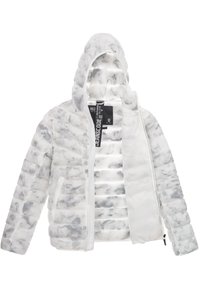 Doudoune blanche avec un motif marbré texturé. Elle possède une capuche, une fermeture éclair et deux poches avant. Conception légère et isolée.