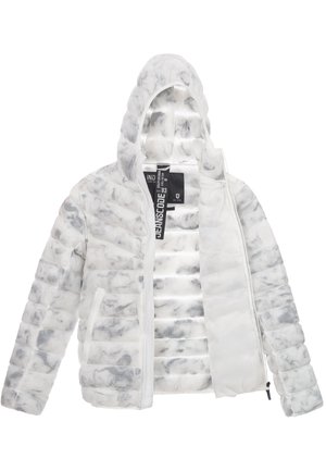 Doudoune blanche avec un motif marbré texturé. Elle possède une capuche, une fermeture éclair et deux poches avant. Conception légère et isolée.