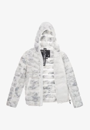 Weißer Puffer-Jacke mit einem strukturierten, marmorierten Muster. Sie hat eine Kapuze, einen Reißverschluss und zwei vordere Taschen. Leicht und isoliert konstruiert.