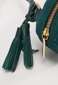 Coin d’un sac en daim vert foncé avec une fermeture éclair dorée et deux pampilles en cuir attachées sur un fond clair.