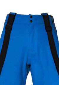 Blauwe waterdichte broek met verstelbare zwarte bretels, uitgerust met twee zwarte knopen en een gladde, matte textuur.