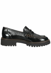 Black patent leather loafer with a round toe, decorative strap, and chunky rubber sole. Features stitching and side cutouts for accents.