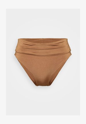 Bas de bikini taille haute en tissu bronze métallisé, avec un design froncé à l'avant et une texture lisse. Convient pour les maillots de bain.