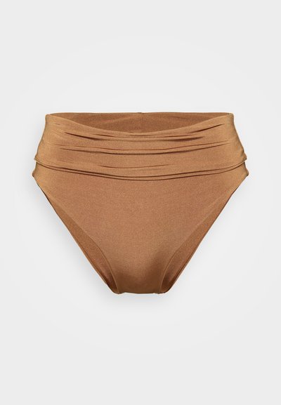 Hochgeschnittene Bikinihose aus metallisch bronzefarbenem Stoff, mit einem gerafften Vordesign und glatter Textur. Eignet sich für Bademode.