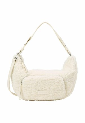 Weiße Schultertasche aus Kunstfell mit klarer Form, silbernen Beschlägen und Reißverschlussverschluss. Verfügt über einen verstellbaren Lederriemen und ein Logo-Detail.