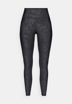 Leggings pretos com um padrão floral tonal, cintura alta e design ajustado, feitos de um tecido elástico adequado para vestuário ativo.