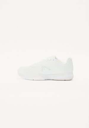 White athletic shoe featuring a mesh upper, lace-up design, rounded toe, and a textured rubber sole with minimal branding.