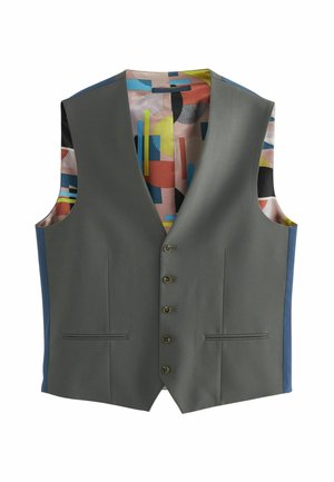 Grå vest med en glat overflade, der har et farverigt geometrisk mønster indvendig, to sidelommer og fem bronze knapper foran.