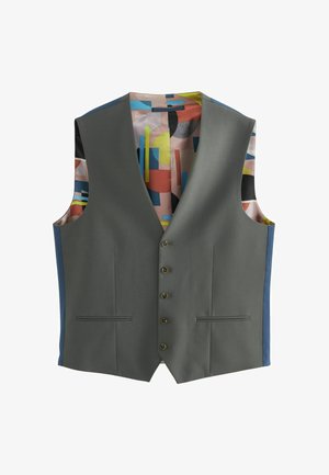 Grau Weste mit glatter Textur, ausgestattet mit einem bunten, geometrisch gemusterten Futter, zwei Seitentaschen und fünf bronzenen Knöpfen auf der Vorderseite.