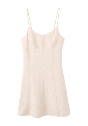Light beige sleeveless dress with thin adjustable shoulder straps and a slight A-line skirt, displayed on a white background.
