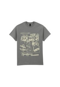 Grå bomulds t-shirt med et vintage-inspireret trykt design med tekst og grafik relateret til bandet Sex Pistols. Korte ærmer, rund hals.