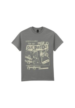 Gray cotton t-shirt featuring a vintage-style printed design with text and graphics related to the band Sex Pistols. Short sleeves, crew neck.