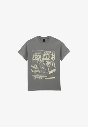 Harmaa puuvillainen t-paita, jossa on vintage-tyylinen painettu design, jossa on tekstiä ja grafiikkaa liittyen Sex Pistols -yhtyeeseen. Lyhyet hihat, pyöreä kaula-aukko.